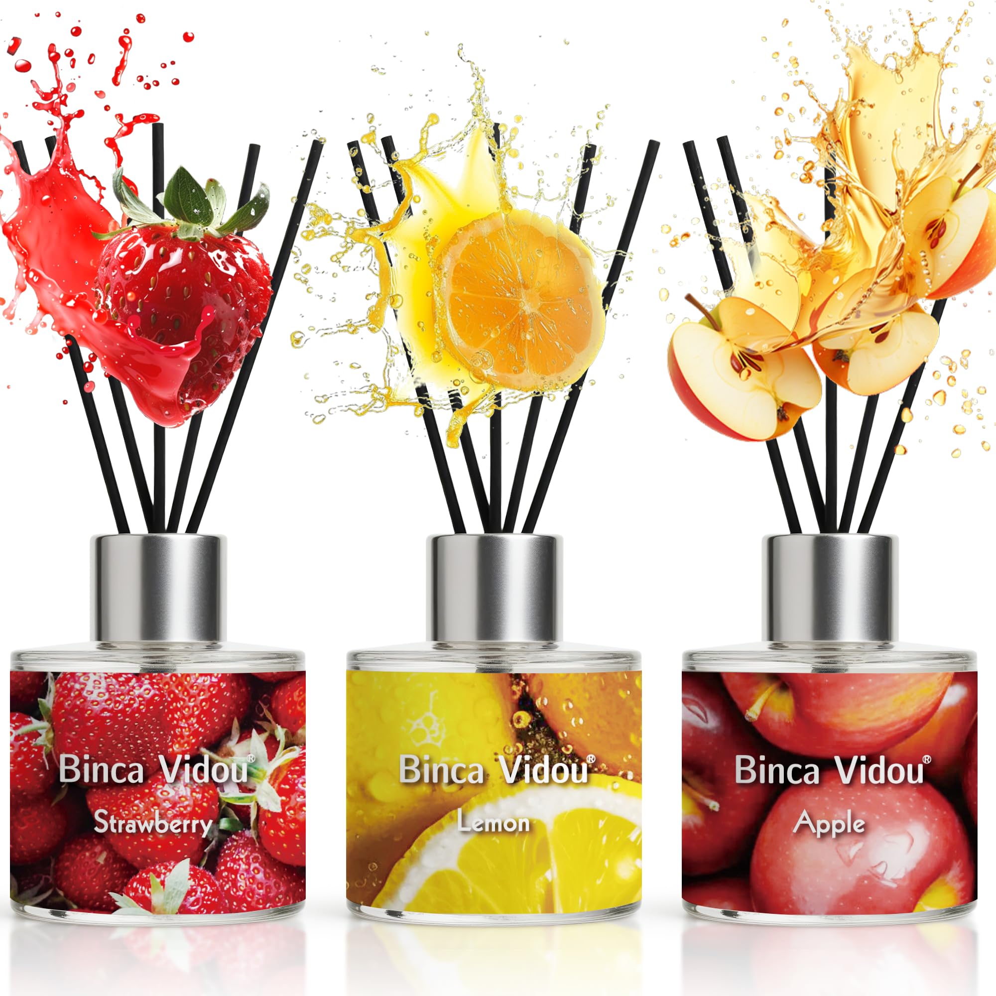 Binca Vidou Reed Diffuser Set of 3, Natural Scent Oil Diffusers with Sticks for Home Office Bathroom Aromatherapy Decor (Lemon, Apple, Strawberry, 50ml x 3)