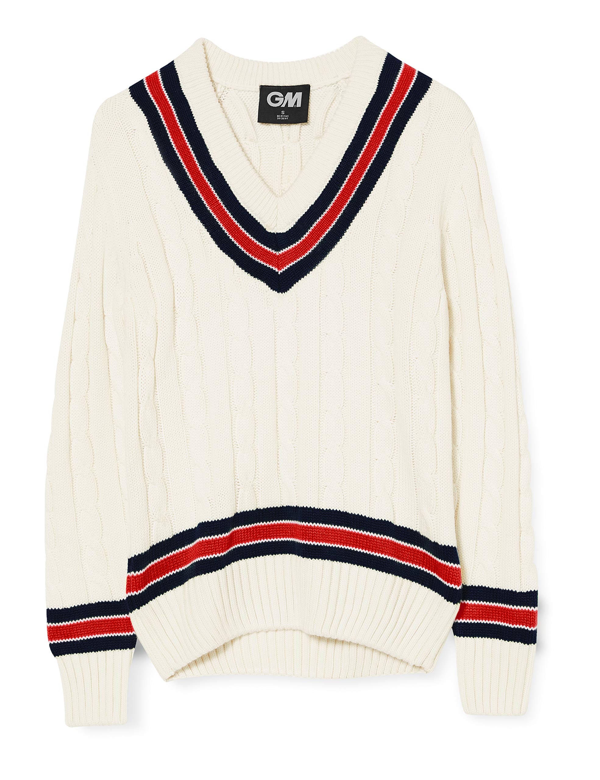 Gunn & Moore GM | Cricket Sweater Jumper Slipover | Classic Heavy Cable Knit | Sleeveless | Cream with Green & Gold Trimmed Collar | Medium Junior to fit Chest 26-28"