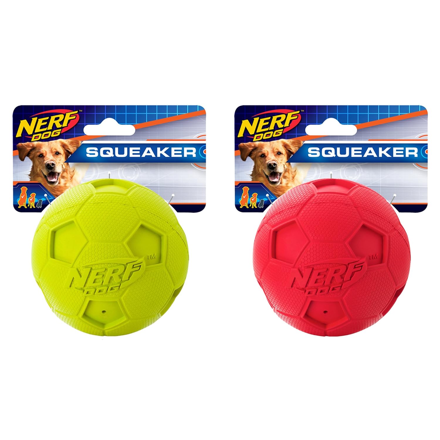 Nerf Dog (2Pack Soccer Squeak Ball Dog Toy, Red/Green, Large Amazon