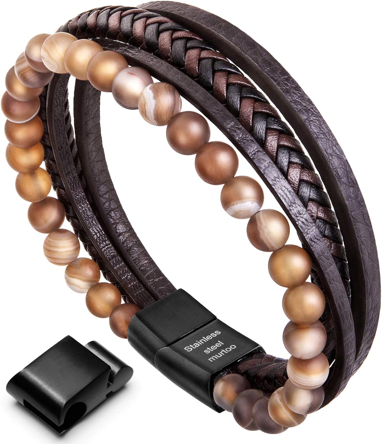 murtoo Mens Bead Leather Bracelet, Natural Bead, Steel and Leather