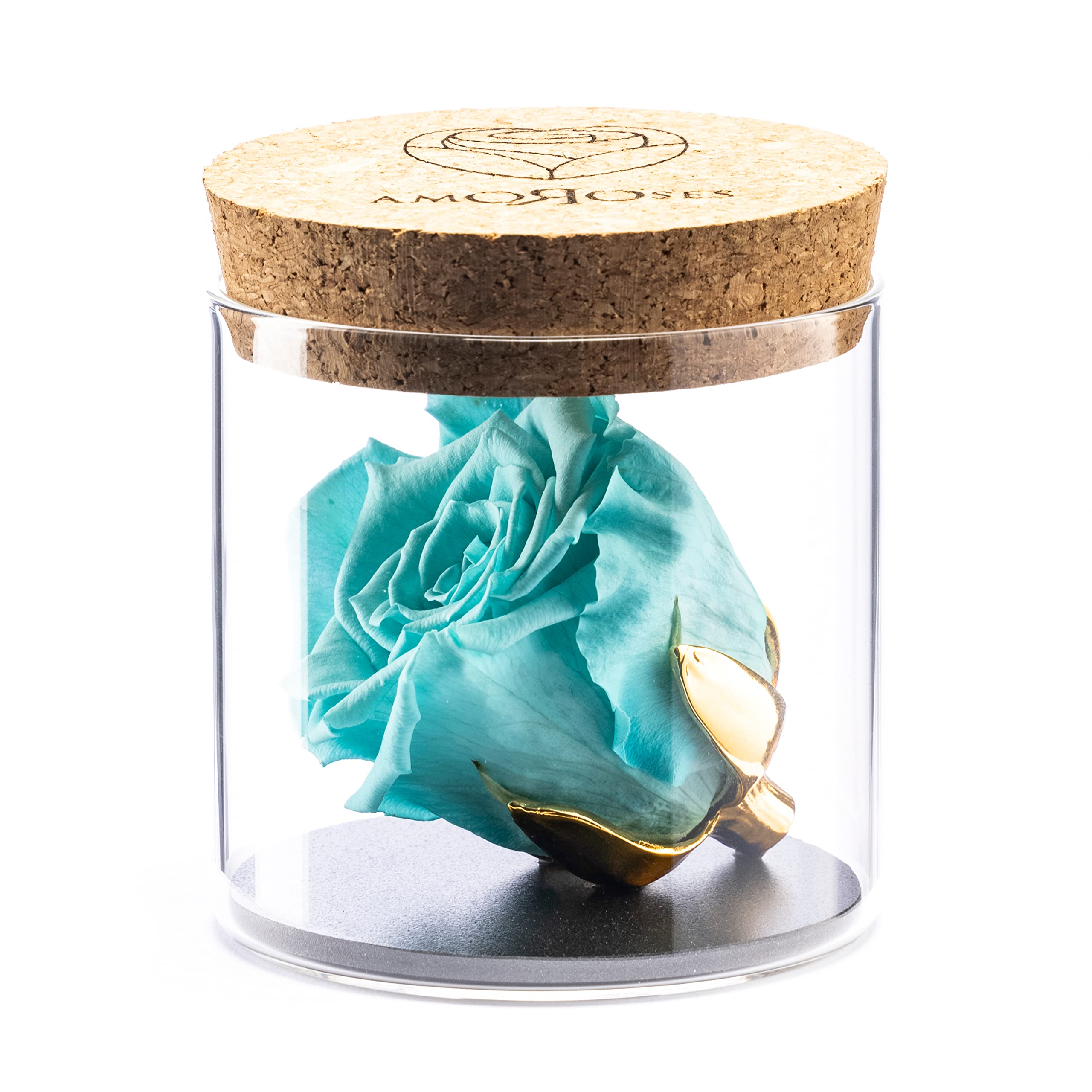 Amoroses Bijou - Eternal Stabilised Rose with 24K Gold Plated Calyx in Glass Jar | Gift Idea (Blue Tiffany Rose) — image 1