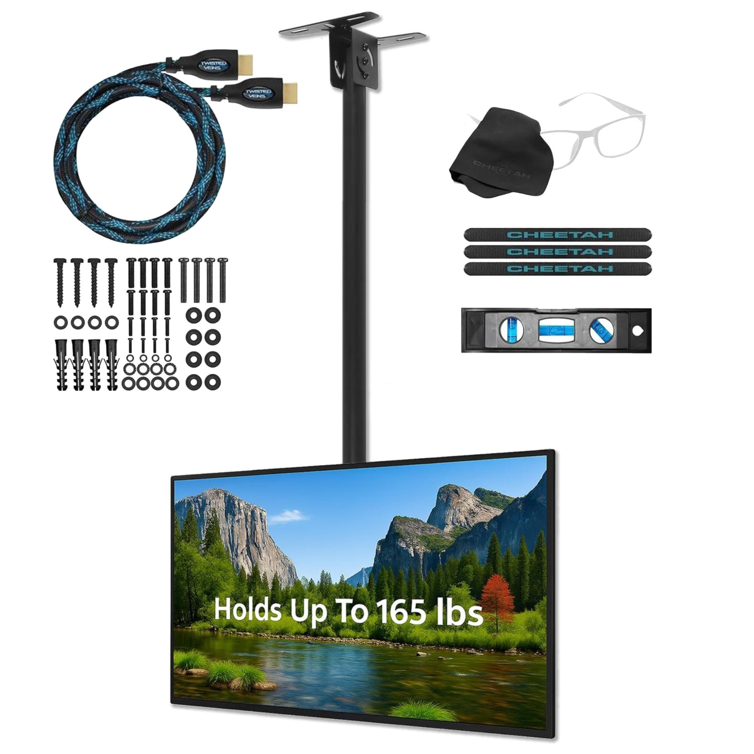 Cheetah APLCMB 360 Swivel Tilt TV Ceiling Mount for 32-75" TVs, Newer Displays up to 100", 165lbs, VESA 600, Extends 41-64" from Ceiling, Universal LCD LED Curved Flat Screen Tilting Mounting Bracket