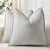 decorUhome Spring Corduroy Grey Throw Pillow Covers 18x18 Set of 2 Decorative Soft Boho Farmhouse Couch Pillow Covers for Living Room Bed Sofa Broadside Striped Pillow Cases