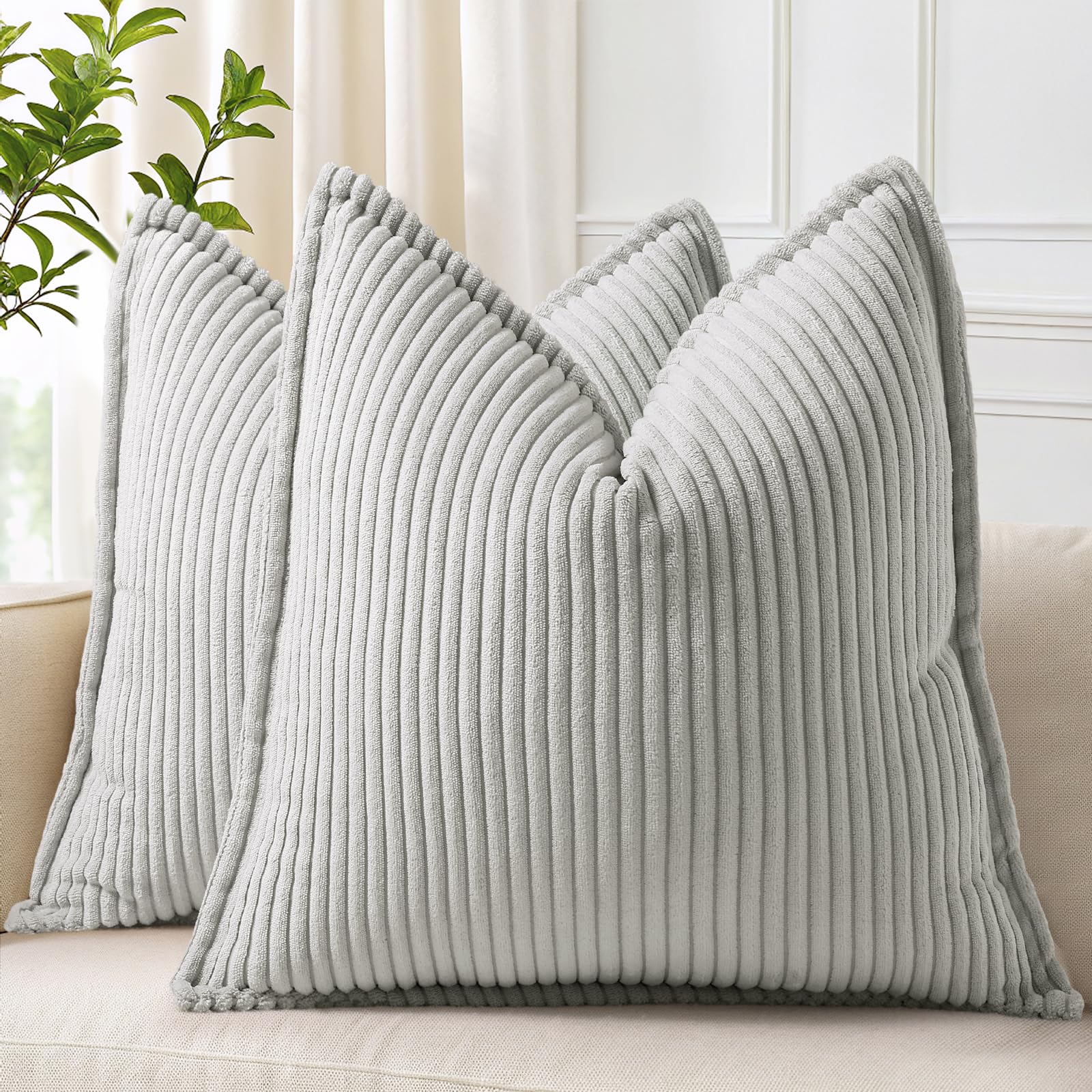 Photo 1 of decorUhome Spring Corduroy Grey Euro Sham Throw Pillow Covers 24x24 Set of 2 Decorative Soft Boho Farmhouse Couch Pillow Covers for Living Room Bed Sofa Broadside Striped Pillow Cases