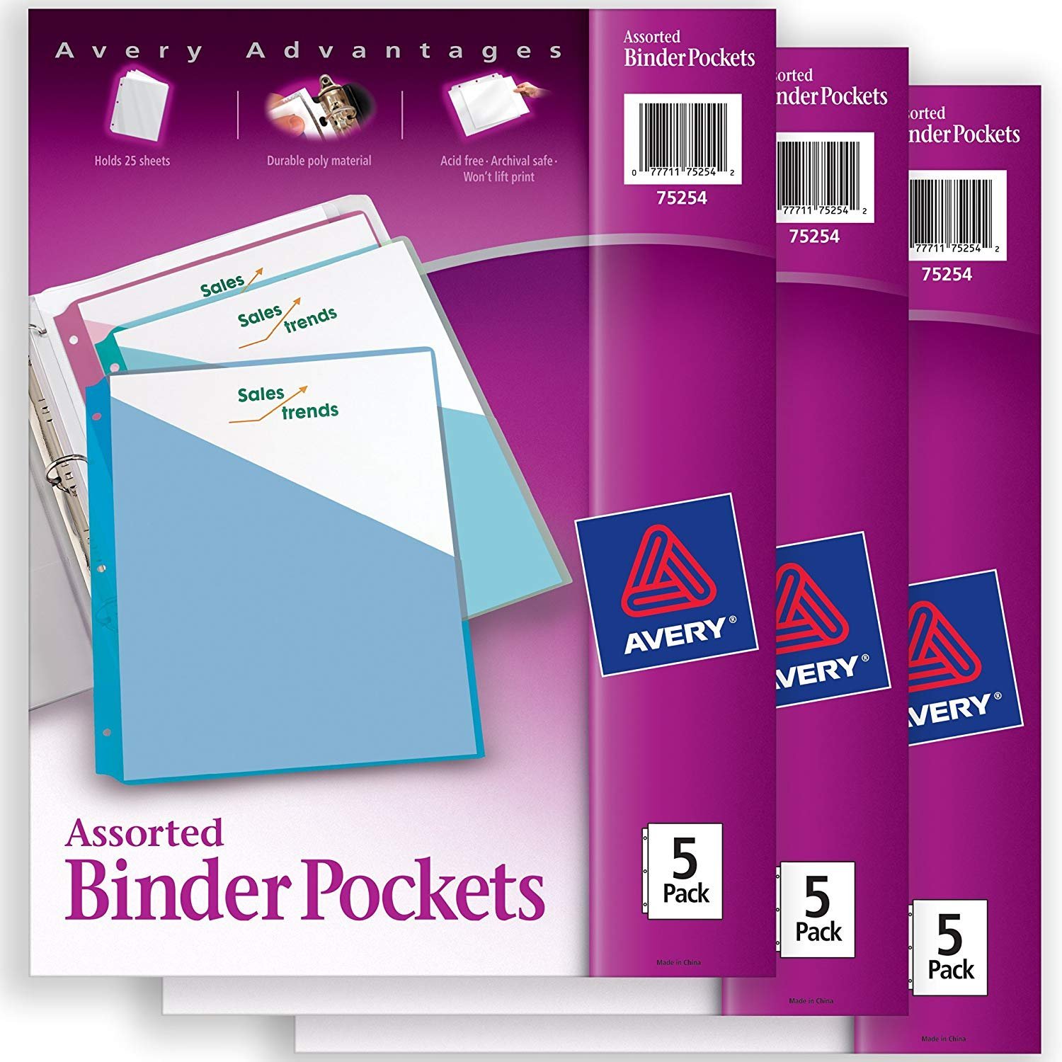 Avery Plastic Binder Pockets, Assorted Colors, 5 Pockets per Pack, 3 Packs (75221)