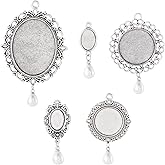 Cheriswelry 10Pcs Round Oval Bezel Pendant Trays Setting Tibetan Alloy Blank Cabochon Base with Plastic Dangle Pearl Charm for DIY Photo Frame Jewelry Necklace Keychain Making