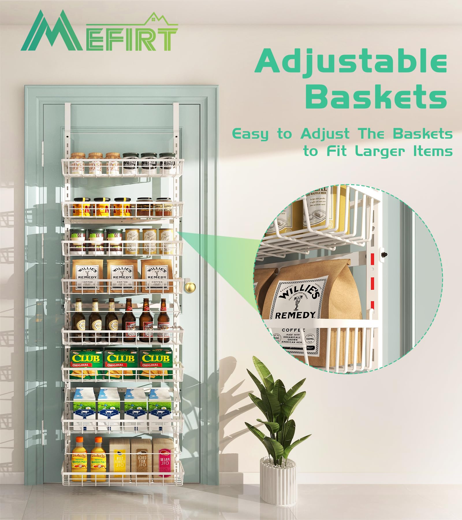 Mefirt Over The Door Pantry Organizer, Wall Mount Spice Rack, Pantry Hanging Storage and Organization, 8 Adjustable Baskets Heavy-Duty Metal for Home & Kitchen, Back of Door Seasoning Rack - White
