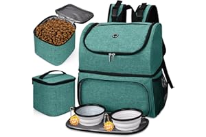 BAGLHER Pet Travel Bag, Double-Layer Pet Supplies Backpack (for All Pet Travel Supplies), Pet Travel Backpack with 2 Silicone Collapsible Bowls and 2 Food Baskets Green