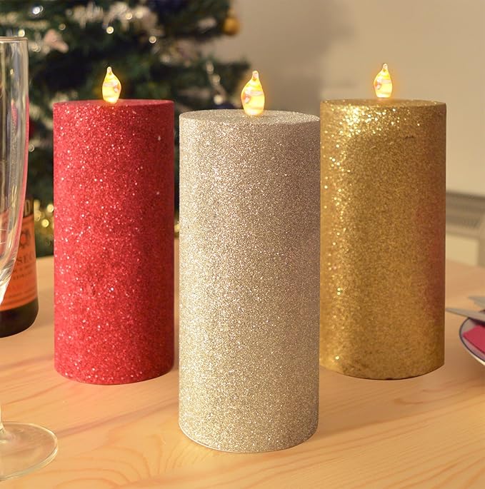 3 LED Church Candles in Real Wax Flameless Electric Flickering Red