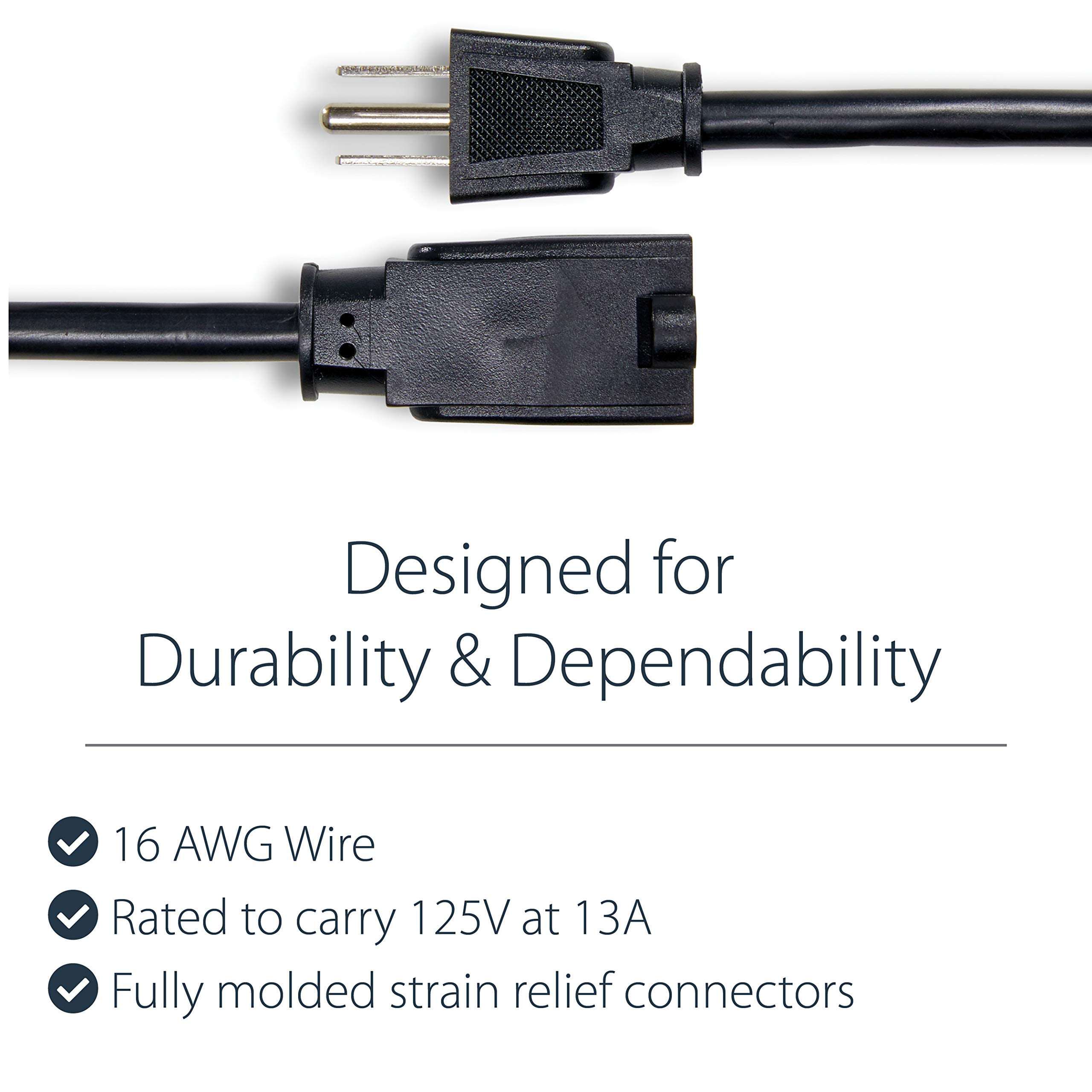StarTech.com 6ft (2m) Power Extension Cord, NEMA 5-15R to NEMA 5-15P Black Extension Cord, 13A 125V, 16AWG, Outlet Extension Power Cable, AC Power Cord - UL Listed (PAC1016)