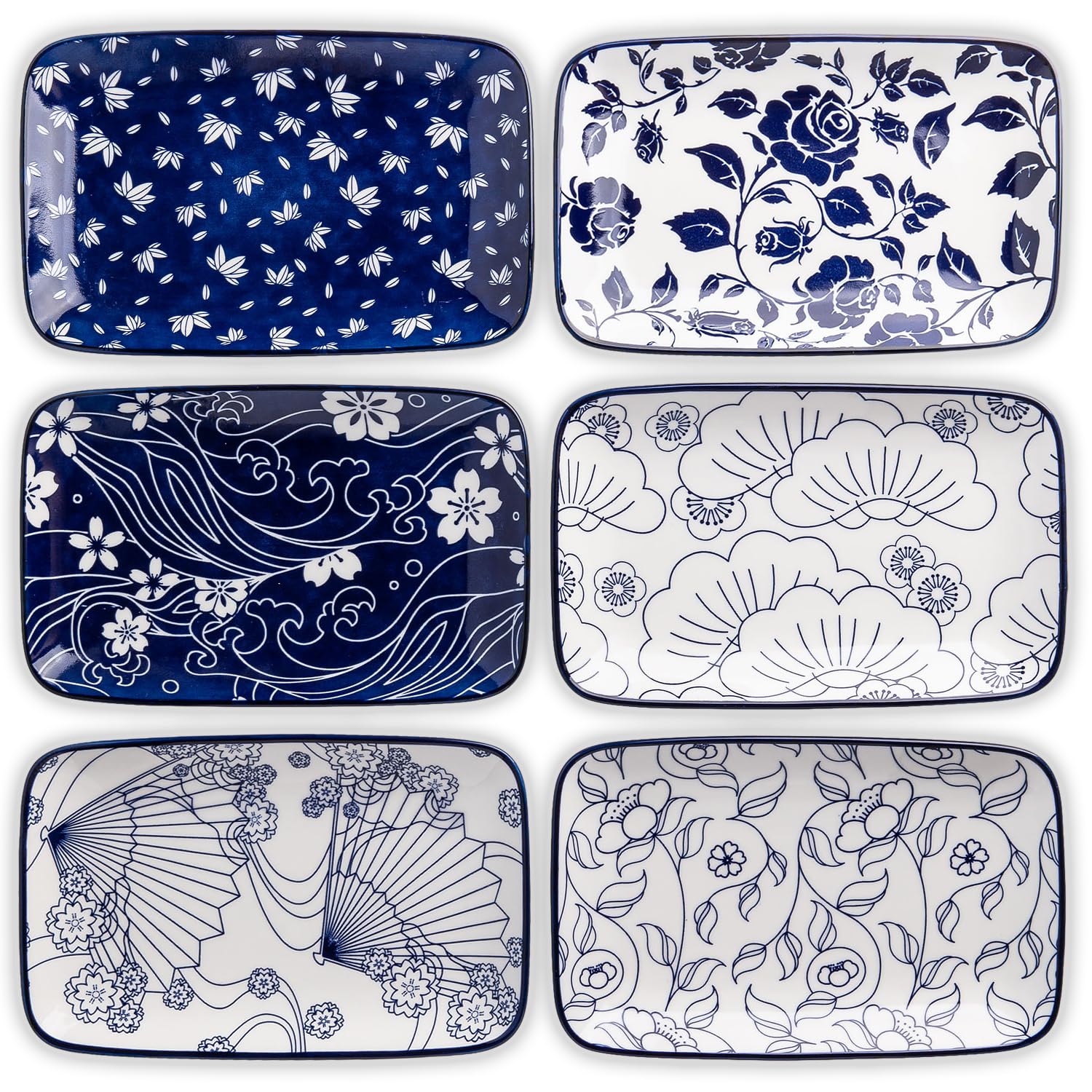 Photo 1 of KITCHENLESTAR 8 Inch Rectangular Dessert Plates Dinner Plates, Pasta Dessert Plates Serving Trays for Appetizer, Sushi, Fruit - Microwave/oven/Dishwasher Safe, Set of 6(Vintage Blue) (Blue) (Blue)