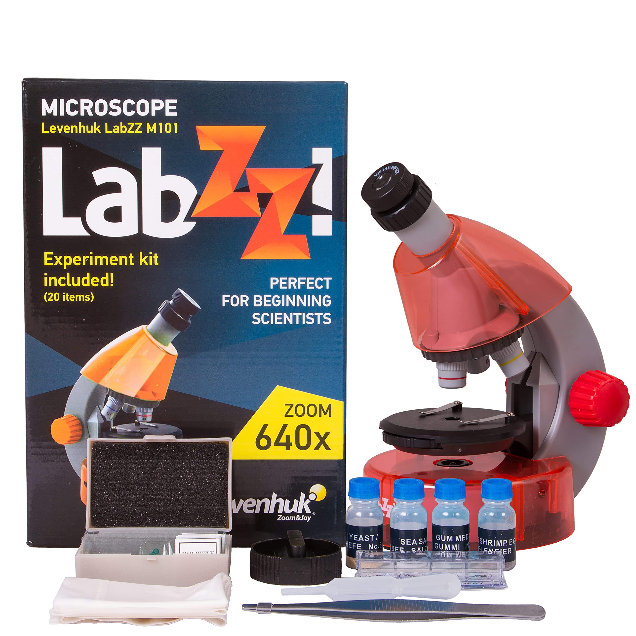 Levenhuk LabZZ M101 Orange 640x Portable Microscope for Kids, with LED Light, Science Kit & Colourful Book, Educational STEM Toys Set, Prepared Sample Slides, Gift Ideas for Children, 4+ Years (EN)