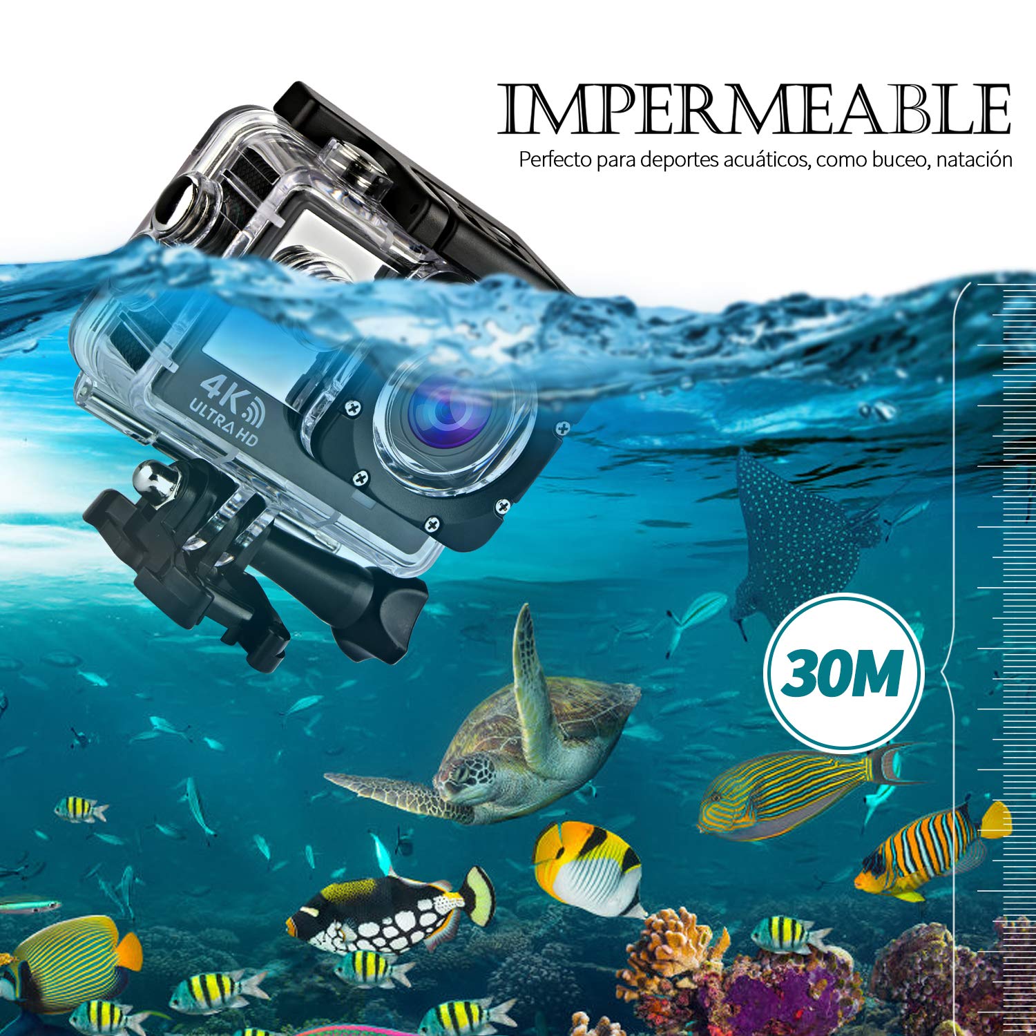 Ifecco Cámara Deportiva WiFi 4k Ultra HD 16MP Cámara de acción Impermeable 30M Gran Angulo de visión 170 ° con 2 baterías 1050mAh y Control Remoto (Negro)