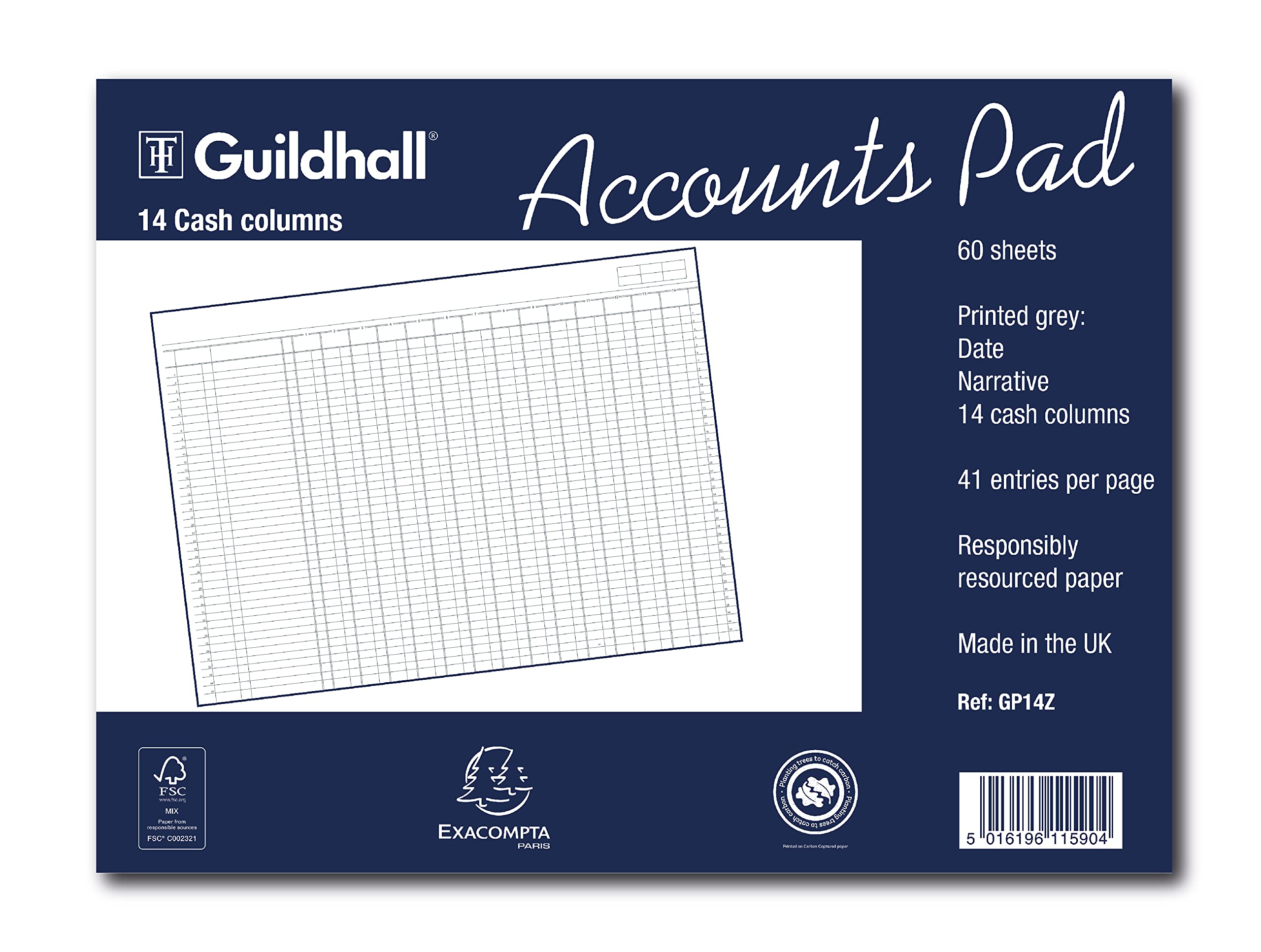 Exacompta 'Guildhall' Accounts Pad, A3, 60 sheets, 14 Cash Columns, White