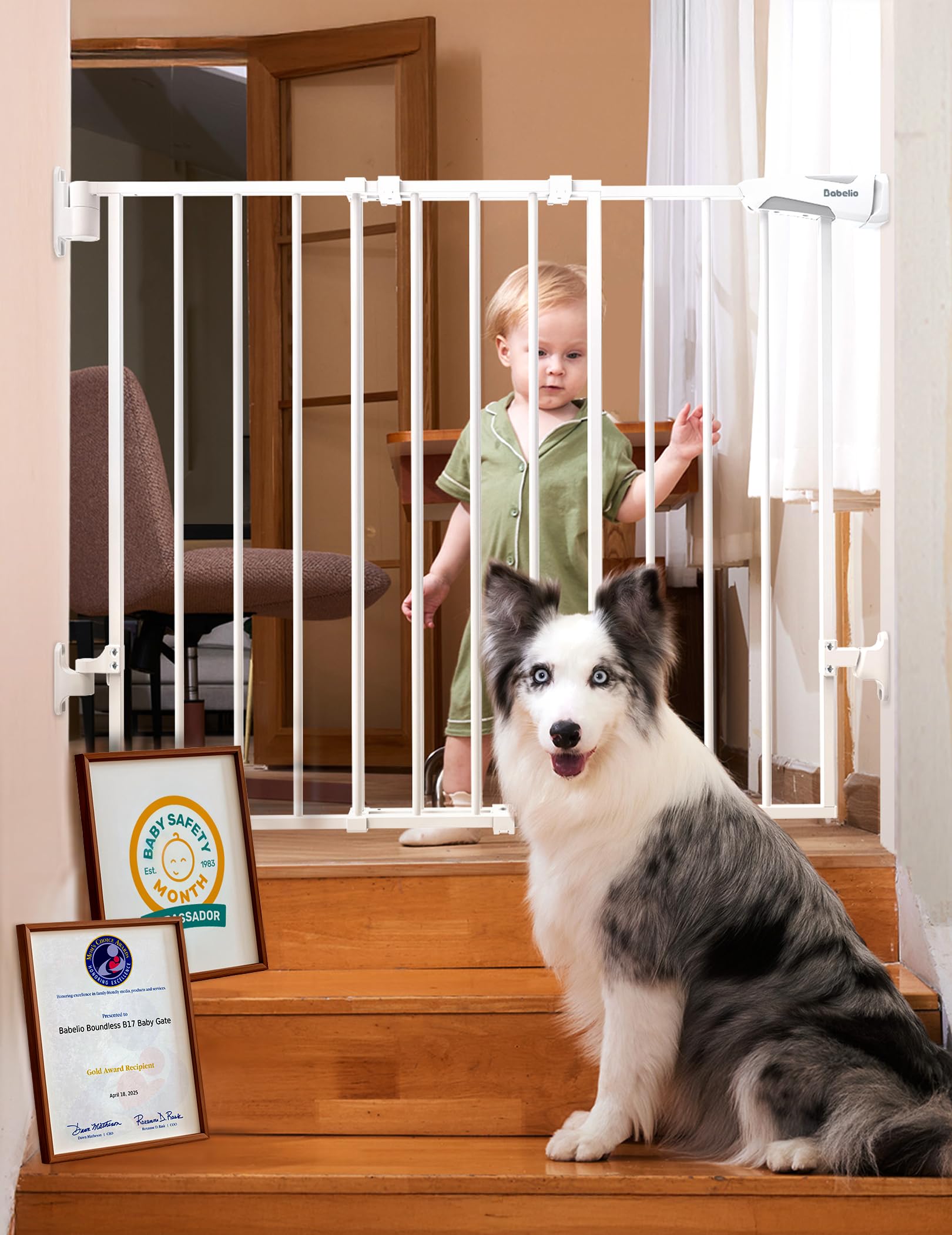 Photo 1 of Babelio Baby Gate for Stairs, Kitchen & Doorways, 26-41" W 28" H No Bottom Bar| Easy Installation| One-Handed Operation| Auto-Close| Hardware Mount (Drill Needed) Safety Dog/Pet Gate Indoor (White)