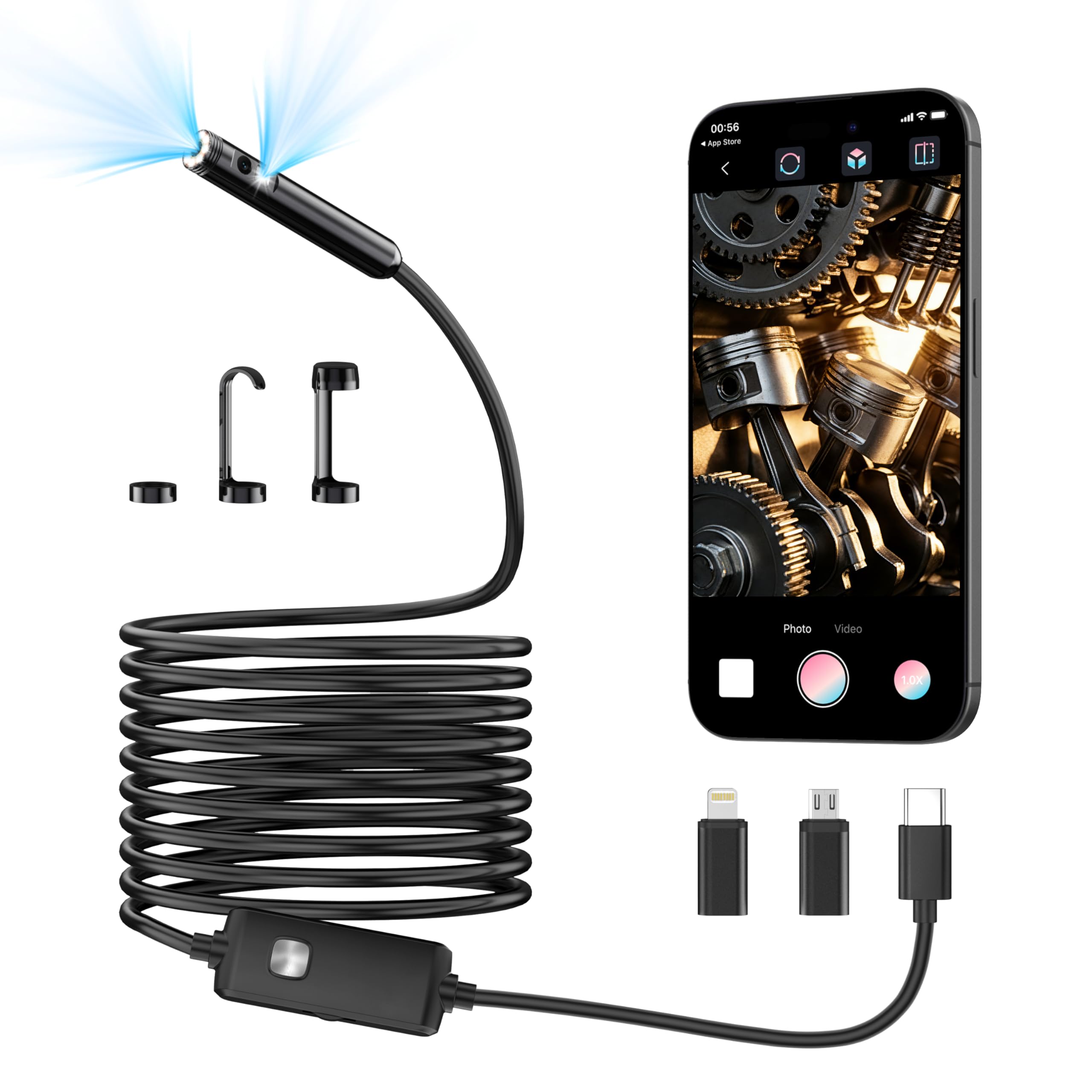 Photo 1 of [Dual-Lens] Endoscope Camera with Light,1920P HD Borescope with 8+1 Adjustable LED Lights, IP67 Waterproof Endoscope with Semi-Rigid Snake Cable, Inspection Borescope for iOS and Android-16.4ft