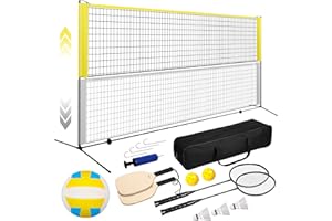 TOLEAD Pickleball & Badminton Net Set, Portable Volleyball Net Set (17ft Wide x 3-5ft Height) for Backyard,Outdoor Sports Game Set w/Volleyball Pickleball Paddles & Badminton Rackets