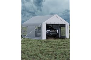 GarveeLife 13x20 ft Carport with 8 Sandbags, Car Port with 220 g PE Tarp, 2 Roll-Up Doors, and 4 Windows, for Full-Size Pickups, Bass Boats, Tractors, and SUVs, White