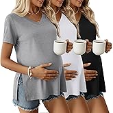 Ficerd 3 Pack Women's Maternity Shirts Short Sleeve Pregnancy T-Shirts V Neck Split Side Tops Casual Soft Maternity Clothes