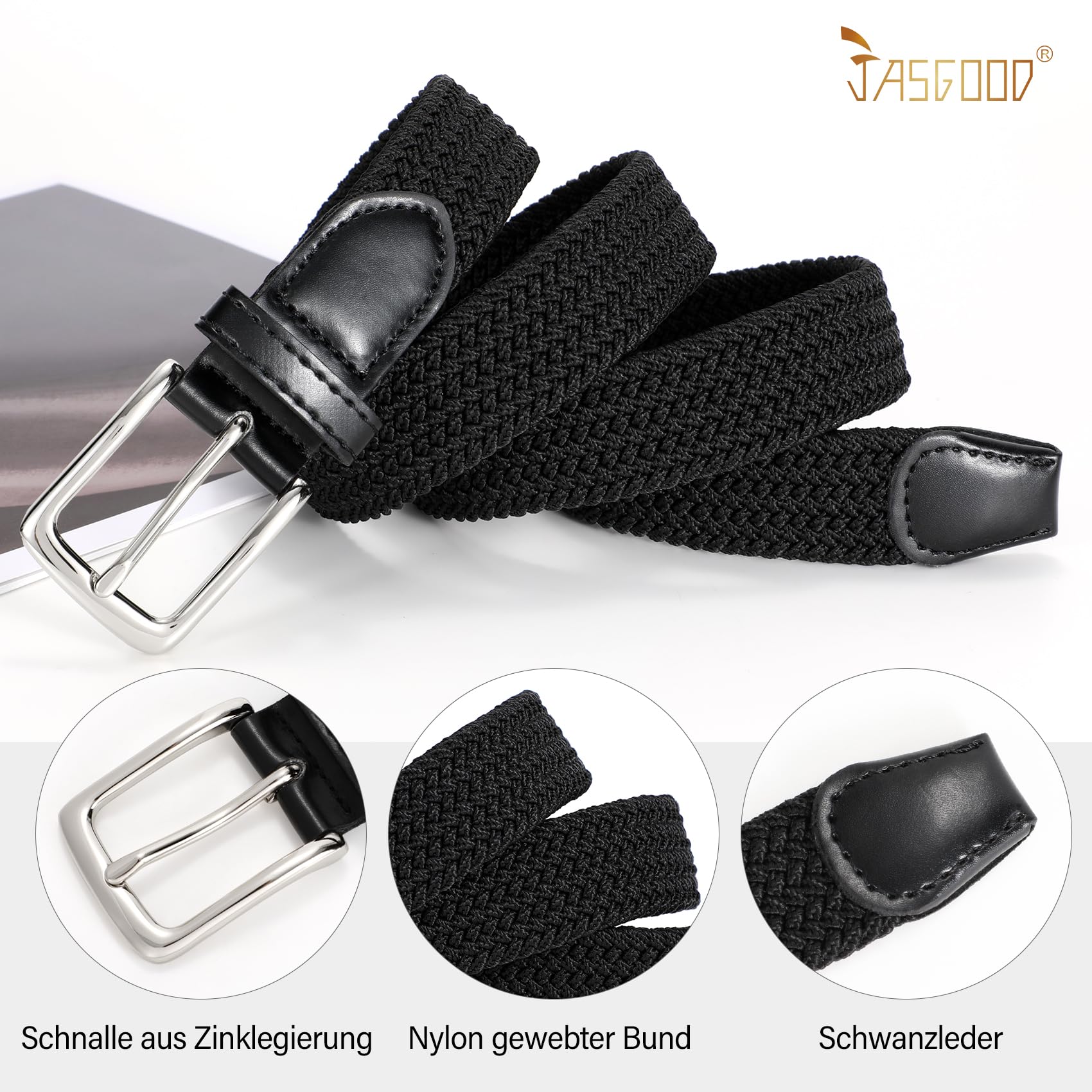 JasGood Geflochtener Elastischer Gürtel für Herren und Damen, 2 Stück Stoffgürtel Stretchgürtel Dehnbarer Gürtel für Jeans Hosen, 3 cm Breite 3
