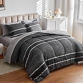 Flysheep Ombre Boho Striped Bed in a Bag 7 Pieces Queen Size, White Striped on Black Dark Gray Comforter Sheet Set (1 Comforter, 1 Flat Sheet, 1 Fitted Sheet, 2 Pillow Shams, 2 Pillowcases)