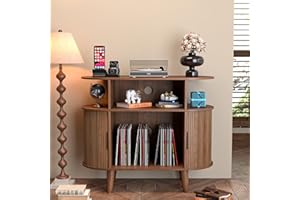 LUVIOHOME Large Round Record Player Stand with Charging Station & USB Ports，Record Storage Cabinet, Mid Century Modern Turntable Stand for Bedroom Living Room (Small Brown)