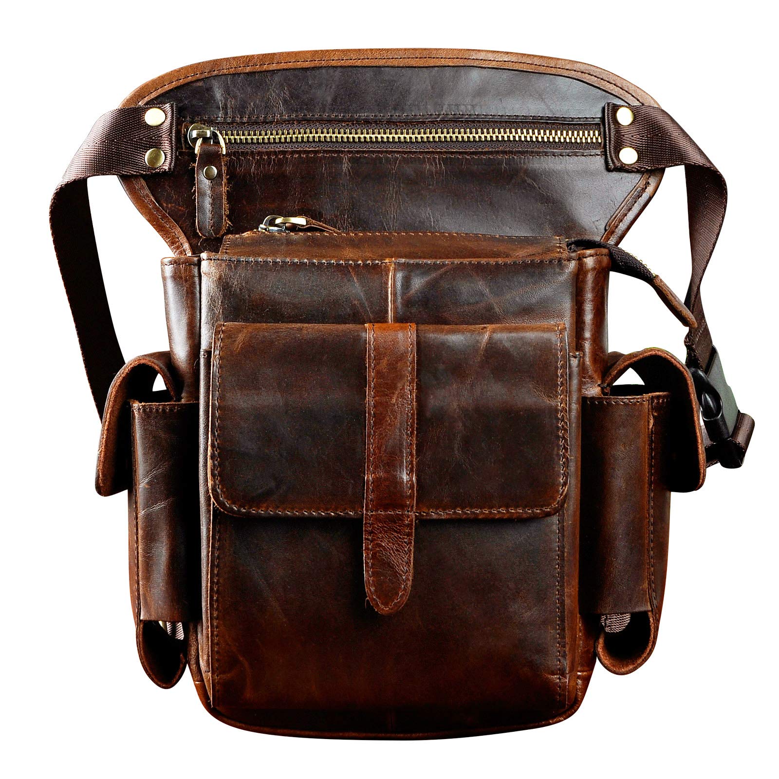 Le'aokuu Mens Genuine Leather Messenger Motorcycle Hip Bum Waist Pack Drop Leg Cross Over Thigh Bag 913-5 (913-5 Coffee)