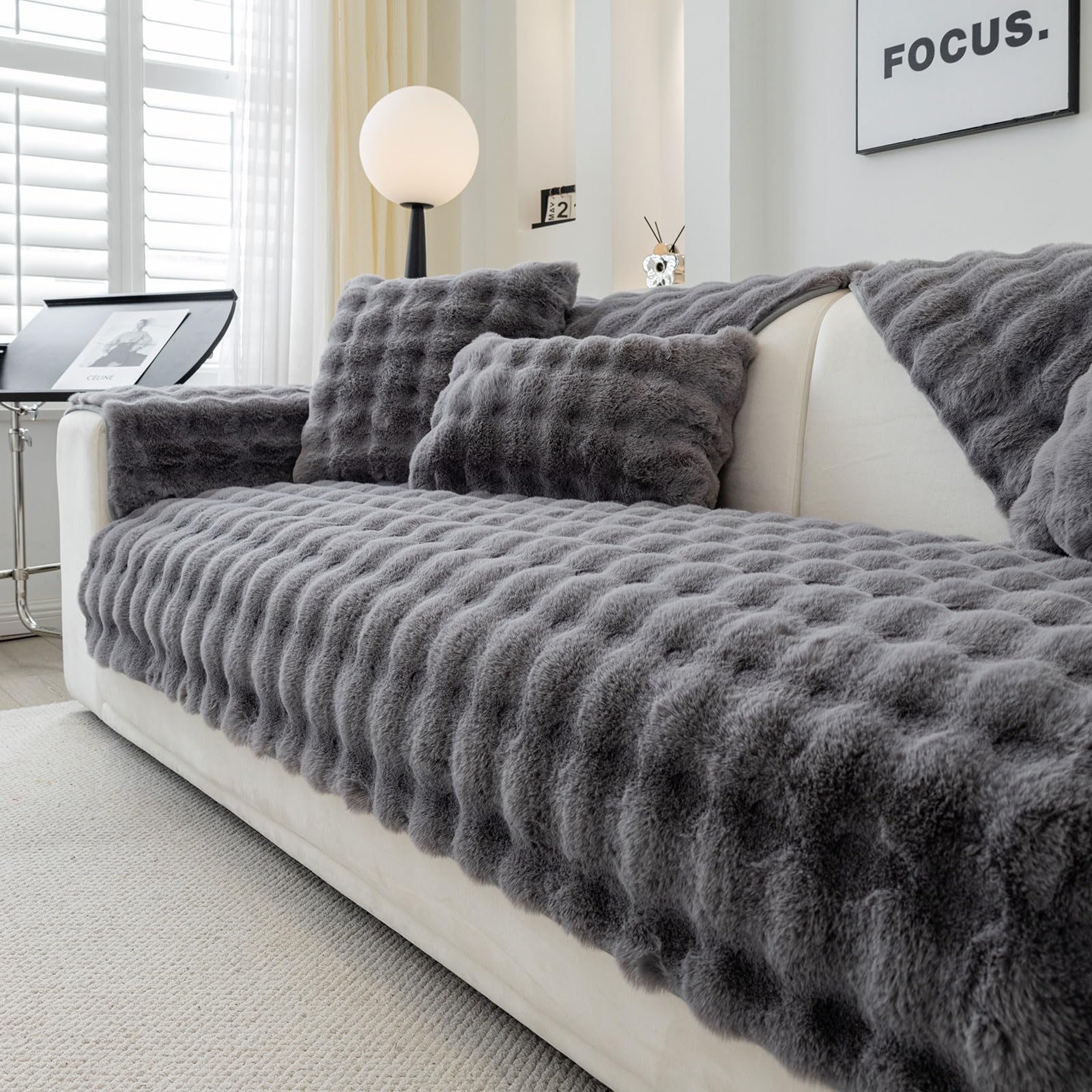 Topchances Soft Plush Sofa Cover - New Non-Slip Sofa Covers 1 2 3 Seater, Rabbit Faux Fur Couch Covers, Fluffy Couch Cover, Sofa Cover L Shape Furniture Protector for Living Room (Dark Grey, 90x240)