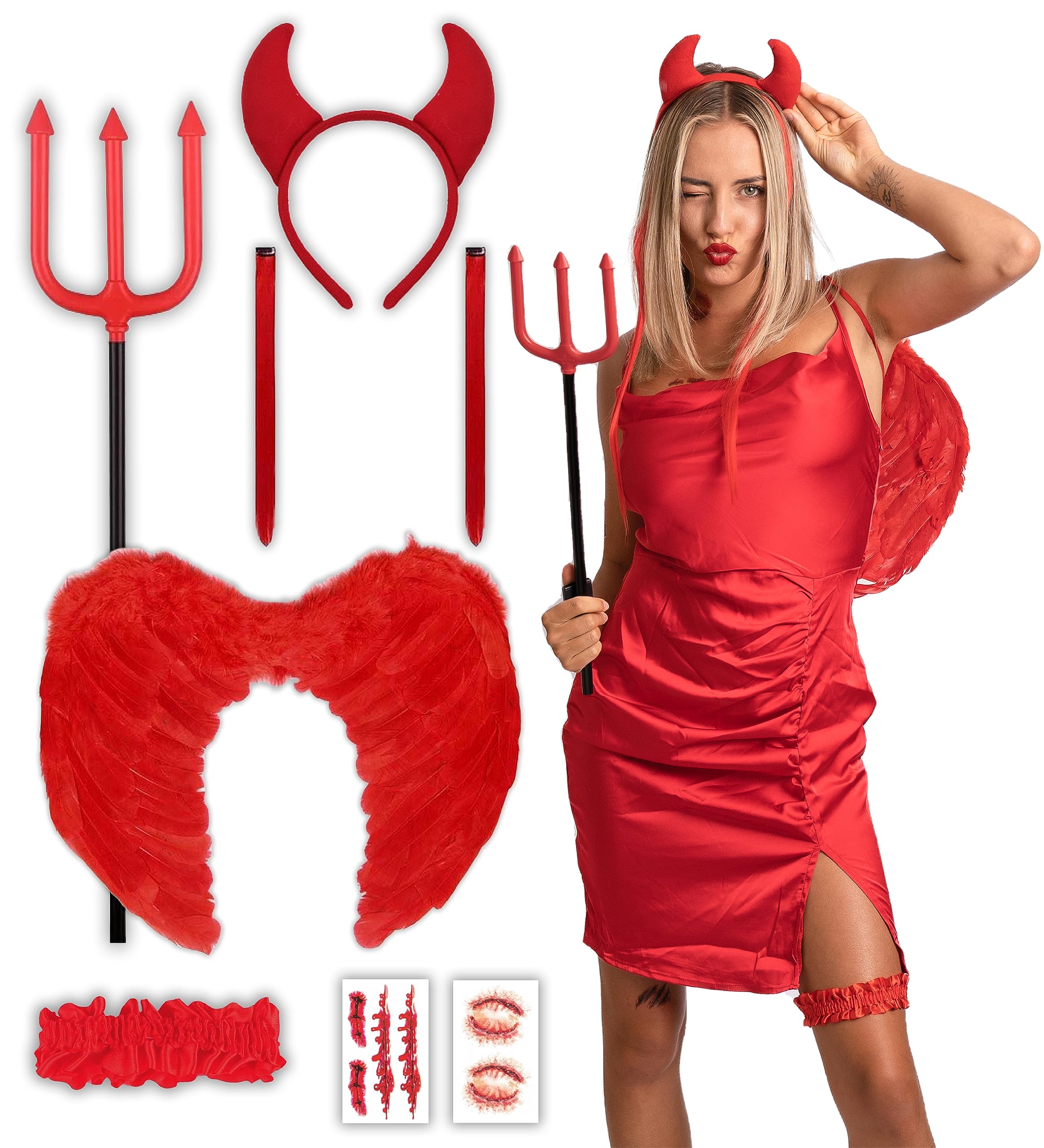 8 pcs Red Devil Costume - Halloween Costumes For Women - Adult & Teen One Size Fits All Accessories Set - 2025 Trending Fancy Dress - UK Based Brand