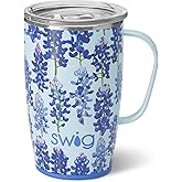 Swig Life 18oz Travel Mug, Insulated Tumbler with Handle and Lid, Cup Holder Friendly, Dishwasher Safe, Stainless Steel, Travel Coffee Cup (Bluebonnet)