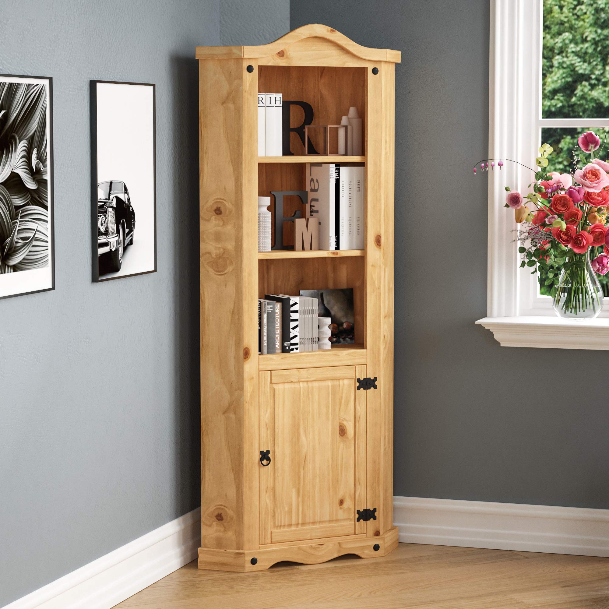 Vida Designs Corona Corner Bookcase, 1 Door Display Unit, Waxed Solid Pine Wood