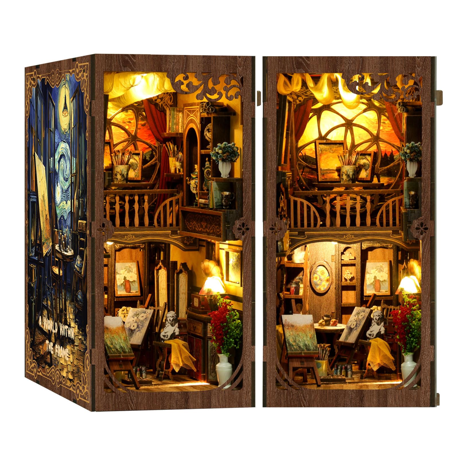 KaayeeWood DIY Book Nook Kit, 3D Wooden Puzzle Miniature Booknook Bookend Bookshelf Decor with LED Light, Book Nook Kits for Adults Teen, Dollhouse Kit (World Within a Frame)