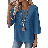 LOMON Womens 3/4 Sleeve Tops Cotton Linen Shirts V Neck Lace Casual Loose Fit Blouses Boho Fashion
