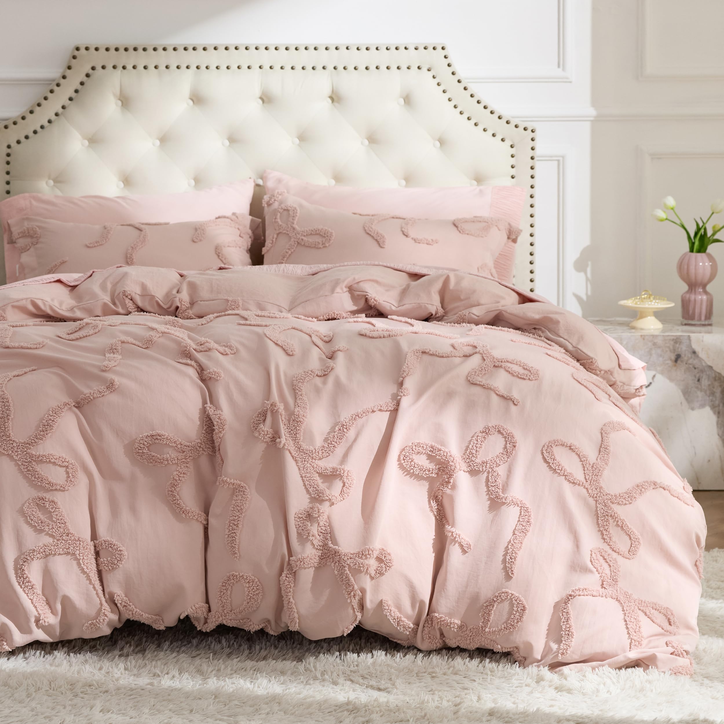 Photo 1 of Bedsure Tufted Rose Pink Full Size Comforter, GentleSoft™ 3 Pieces Bow Cute Bedding Pink Room Decor, Gifts for Girls Teens Women, All Seasons, 1 Bed Comforter, 2 Pillow Shams, 82x86 Inches