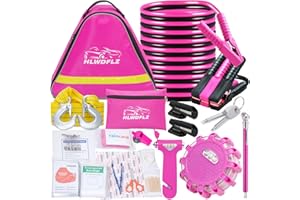 HLWDFLZ Pink Roadside Assistance Kit with Jumper Cable, Tow Rope, LED Road Flare, Deer Whistles and More Women Emergency Safety Tool Kit