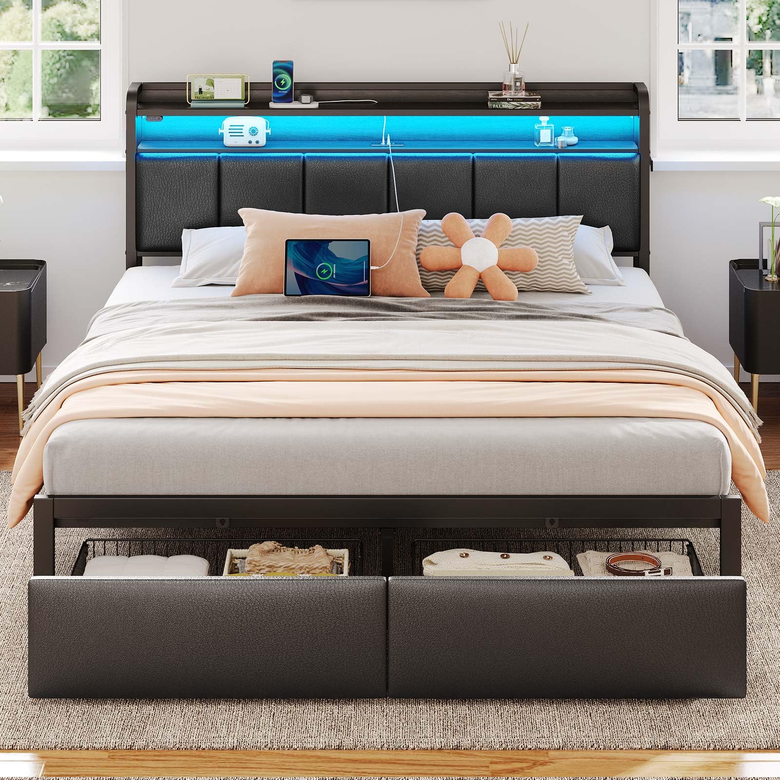 Rolanstar Bed Frame King Size with Charging Station and LED Lights, Upholstered Headboard with Storage Shelves, Heavy Duty Metal Slats, No Box Spring Need, Noise Free, Easy Assembly, Black