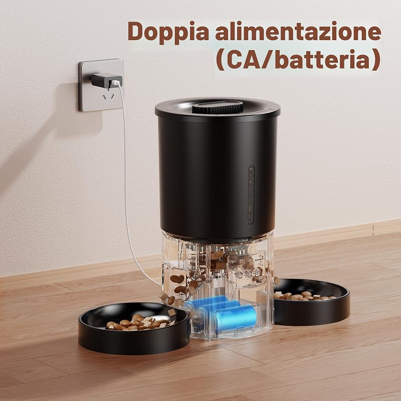 Distributore Automatico Cibo Gatti 2 Ciotole: 5L Distributore Automatico Cibo Cane con Timer WiFi 2.4G per Crocchette - Design Doppia Ciotola per Famiglie con Più Gatti & Cani - Nero