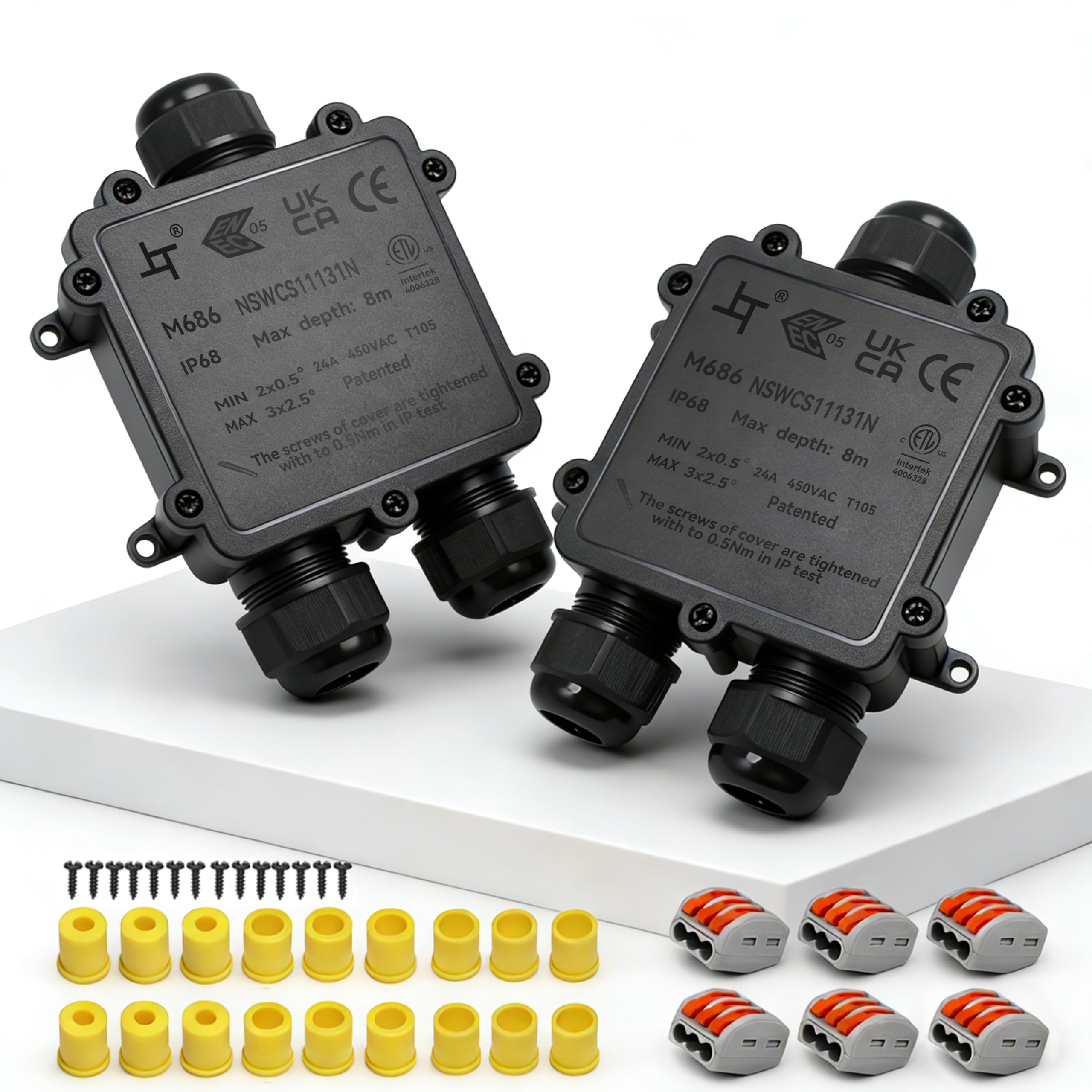 2 PCS IP68 Waterproof Junction Box, HUYU 3-Way Outdoor Cable Connectors with 3 Cable M25 Gland Wire Connector Electrical Junction Box for 4-14 mm Diameter Cable, Black