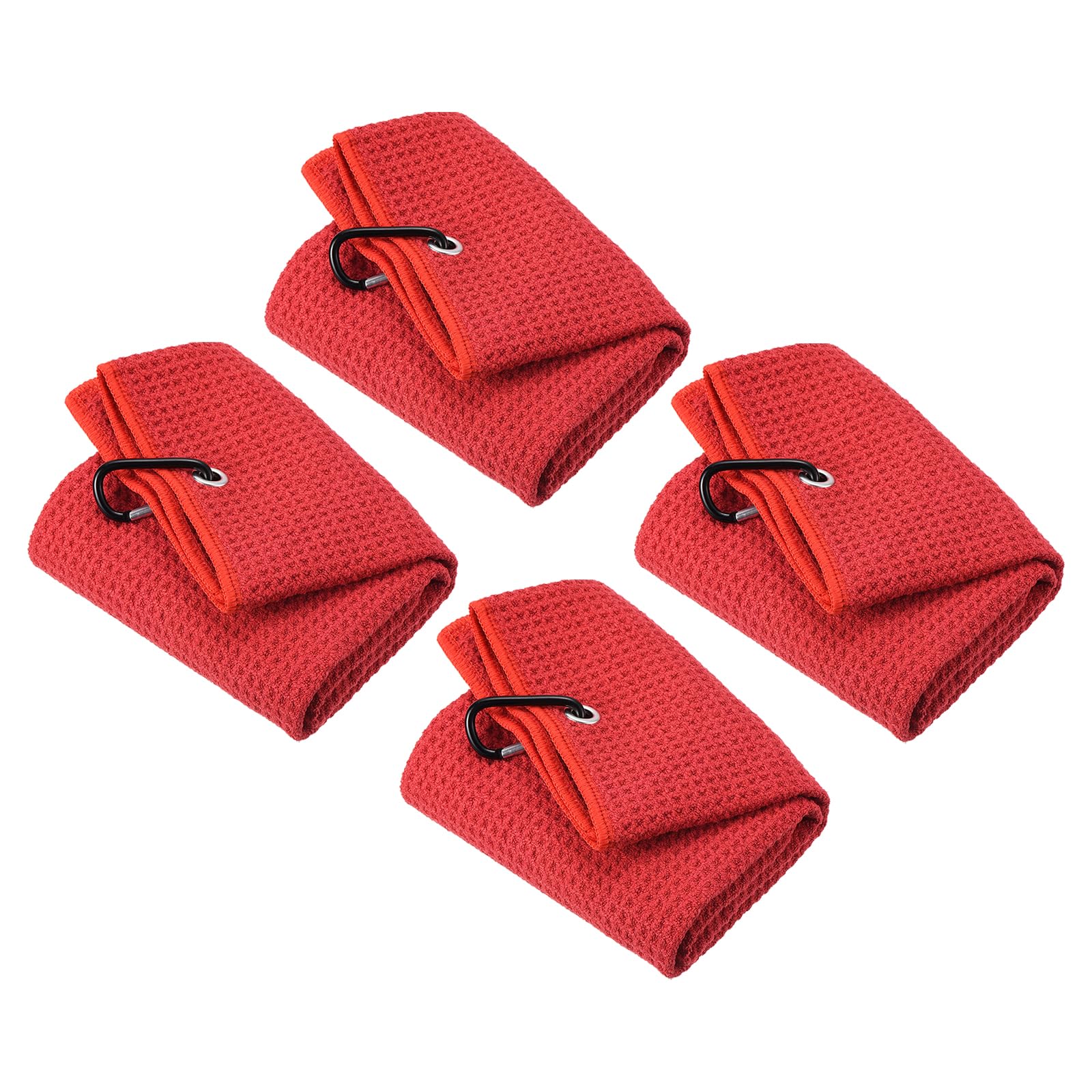 PATIKIL 20"x16" Tri-Fold Golf Towels, 4 Pack Waffle Pattern Towels Soft Fiber Strong Water Absorption with D Clip for Golf Lovers, Red