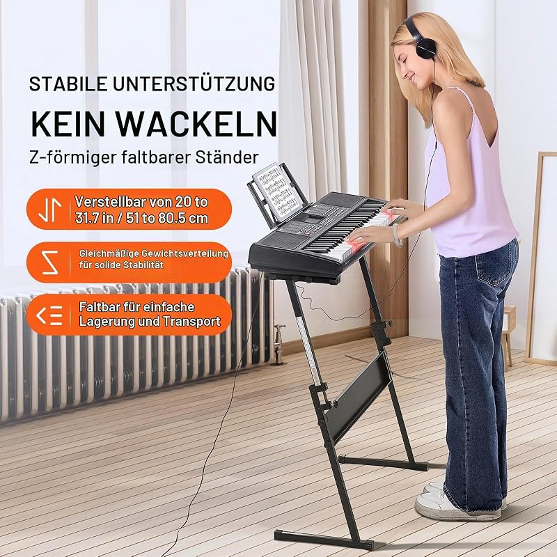 Digitales Klavier mit 61 Tasten, beleuchtete Tasten, tragbares elektrisches Klavier mit Ständer, 600 Töne, 500 Rhythmen, integrierte Lautsprecher, Sustain-Pedal, Kopfhörer, Mikrofon, USB