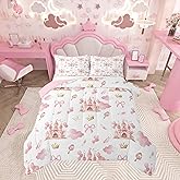 Feelyou Kids Pink Castle Duvet Insert Twin Size, Cute Bowknot Comforter Set Boys Girls Girls Dreamy House Bedding Set Fairytale Teens Bedroom Decor Bed Set 2Pcs