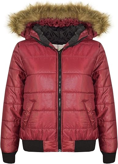 wine puffer jacket with fur hood