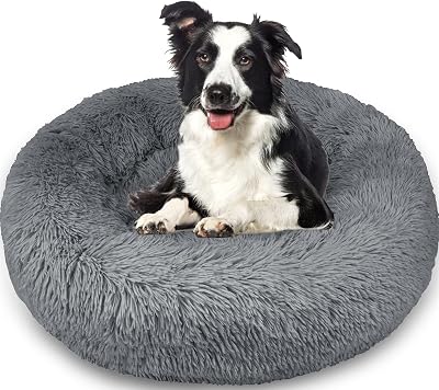 Enjamoy Plush Donut Dog Bed Calming Round Bed 80cm Dark Grey