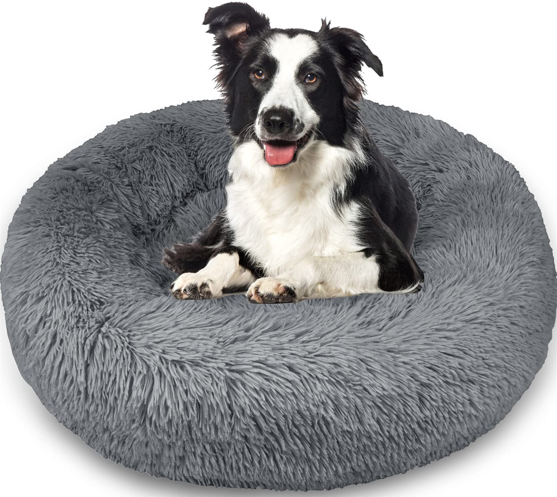 Enjamoy Plush Donut Dog Bed, Calming Round Dog Cat Bed Soft and Fluffy Cuddler Pet Cushion Self-Warming Puppy Beds Machine Washable, Dark Grey 80cm