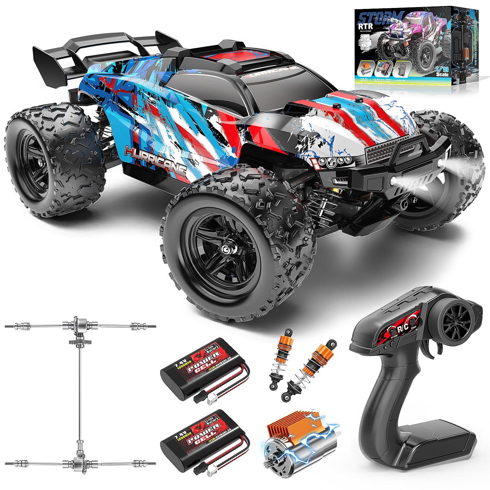 RC Cars 1:18 Entry-Level RC Car for Adults & Boys, All-Metal drivetrain Off-Road RC Racing Truck 40 km/h, radio controlled cars 4x4 with 2 1200 mAh Batteries, Fast Remote Control Car for Adults
