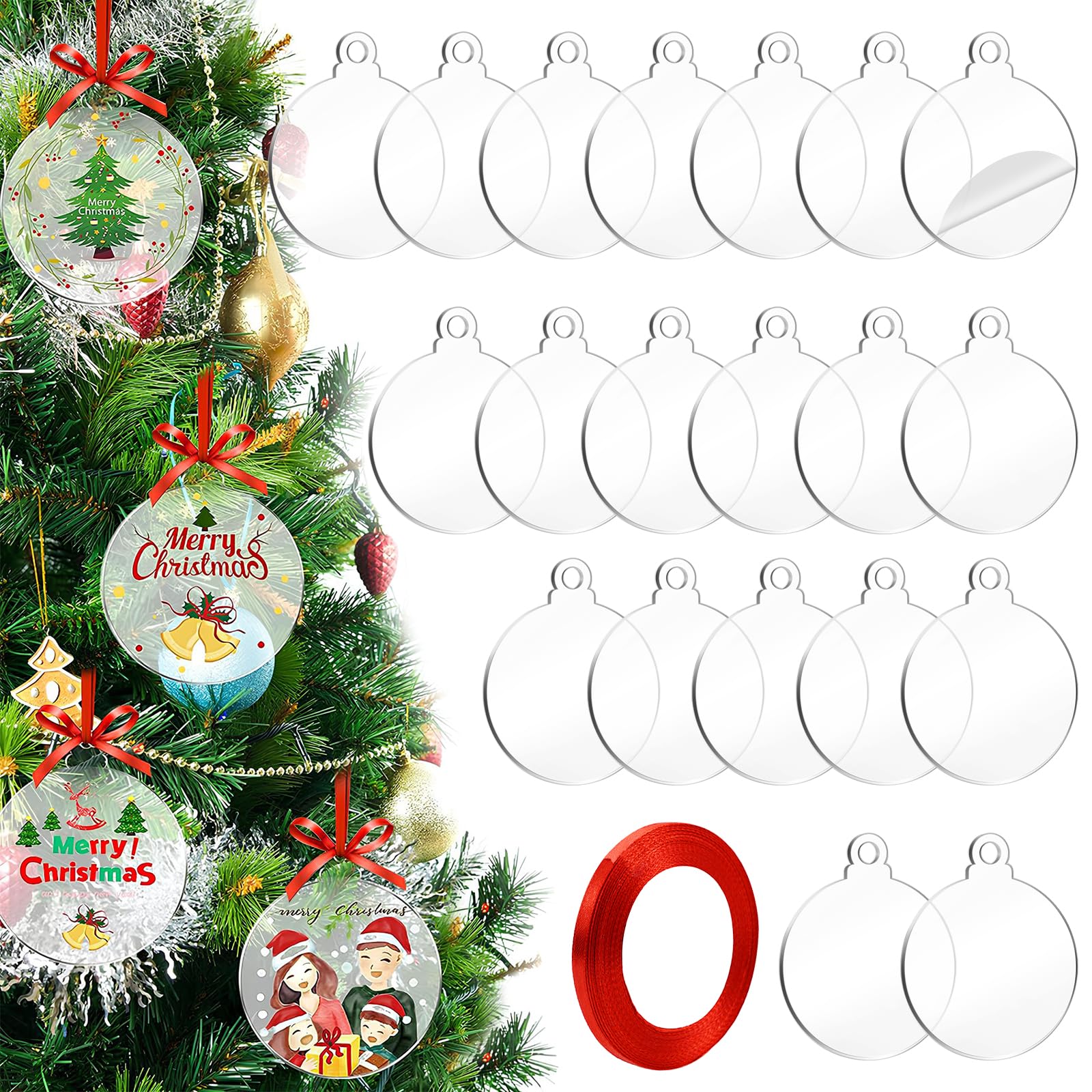 Clear Acrylic Disc Ornaments - 20PCS 3 Inch Baubles with Red Ribbon for Christmas Tree Decoration
