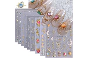 STZPRONAIL Sun Nail Stickers Decals 9 Sheets Bohemian Style Nail Art Stickers 5D/3D Embossed Self Adhesive Moon Star Heart Flame DIY Metallic Designs Gothic Decoration Supplies Nail Accessories for Women