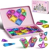 WMXDU 42-Piece Glitter Magnetic Tiles Travel Set with Pink Metal Box - Portable STEM Building Blocks for Kids Ages 3-8 Boys & Girls STEM Montessori Educational Toys for Airplane Car Rides