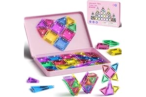 WMXDU 42-Piece Glitter Magnetic Tiles Travel Set with Pink Metal Box - Portable STEM Building Blocks for Kids Ages 3-8 Boys & Girls STEM Montessori Educational Toys for Airplane Car Rides