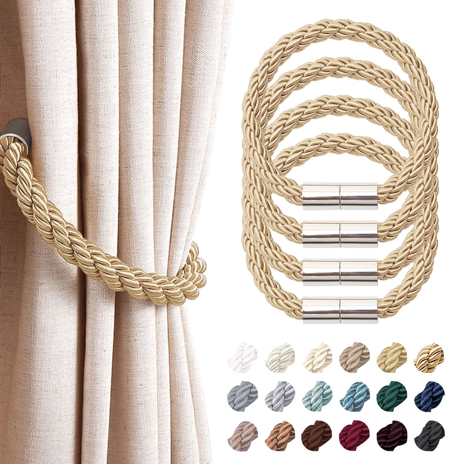 Pretty Jolly 4 Pack Strong Magnetic Curtain Tiebacks Modern Simple Style Drape Tie Backs Convenient Decorative Weave Rope Curtain Holdback for Thin or Thick Home & Office Window Drapery (Bronze)